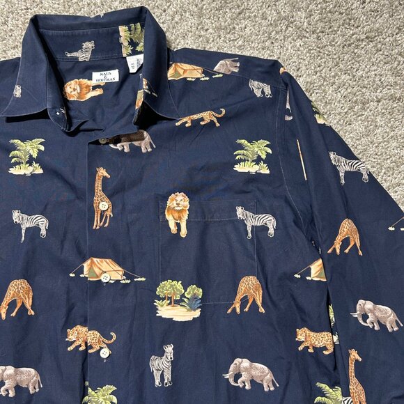 Maus & Hoffman Mens XL Long Sleeve Safari Print Button-Up Shirt 100% Cotton Navy - Picture 6 of 8